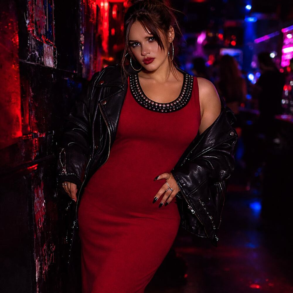 Le Bos Y2K Midi Dress Sz 16W Studded Festival Indie Sleaze Burgundy Mob Wife